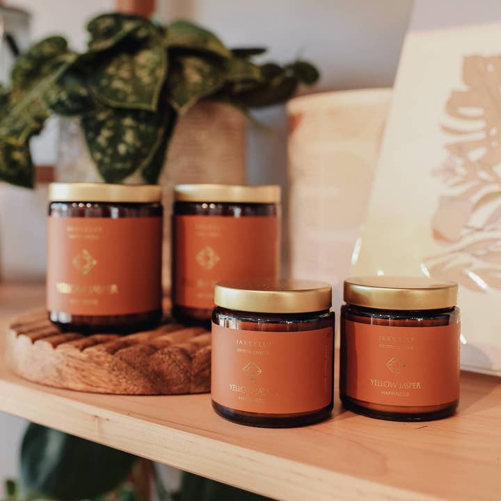 JaxKelly Candles - Wholesale Jar/Filled Candle - 4oz Amber Crystal Candles - Yellow Jasper - Happiness4