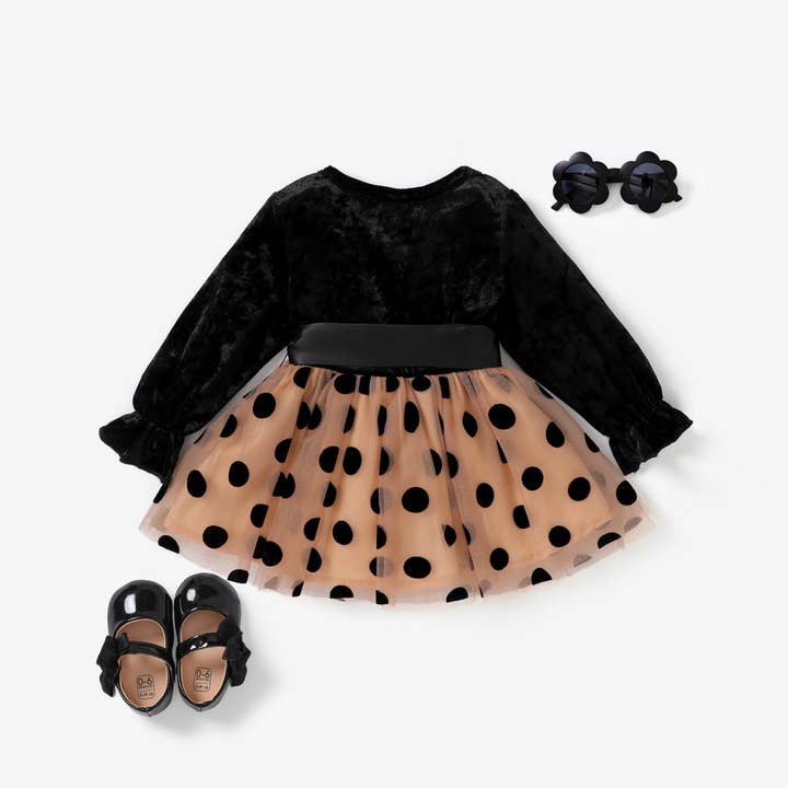 Khaki 2pcs Baby Girl Polka Dot Velvet material Dress With Belt for wholesale on Faire