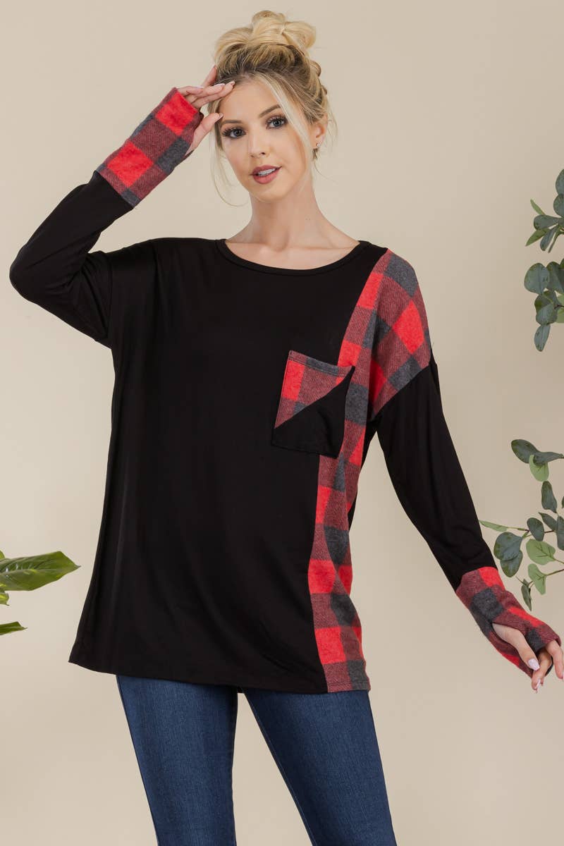 Celeste Clothing - Vendita all'ingrosso Tunica - Donna - TOP A MANICHE LUNGHE IN TARTAN PER MISSY E PLUS SIZE -CT43810B8