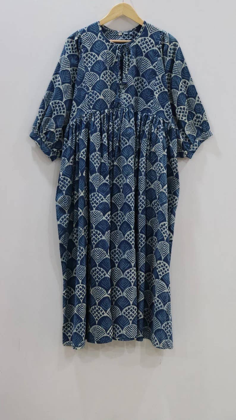 bhavnas boutique - Vente Robe – femme - Robe mini en coton indien imprimé indigo bleu, faite à la main0