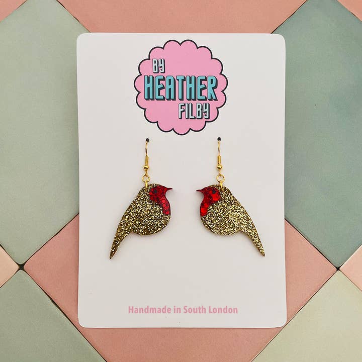 Weihnachts-Rotkehlchen-Glitzerohrringe für den Großhandel von By Heather Filby