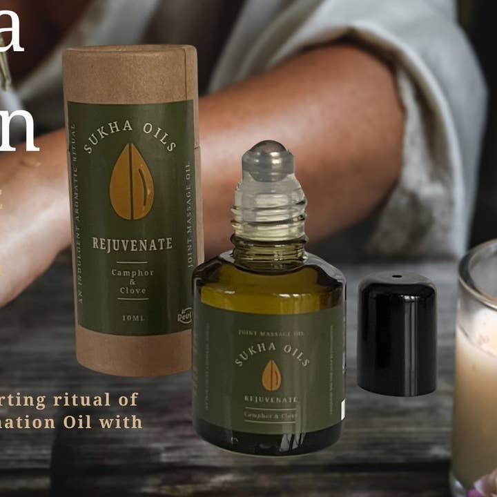 Olio da massaggio per articolazioni, Rejuvenate, confezione da 15 ml, Aroma Roll-on per la vendita all'ingrosso da parte di Sukha Oils Ltd
