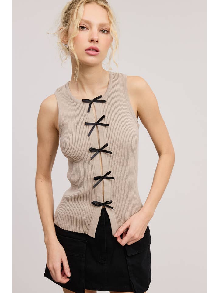 Mimosa - Wholesale Tank Top - Women's - Vintage Bow Ribbon Detail Knit Sweater Tank Top