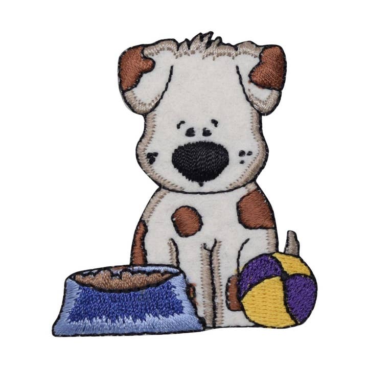 Puppy Dog with Bowl Embroidered Iron on Patch for wholesale by Wholesale Applique