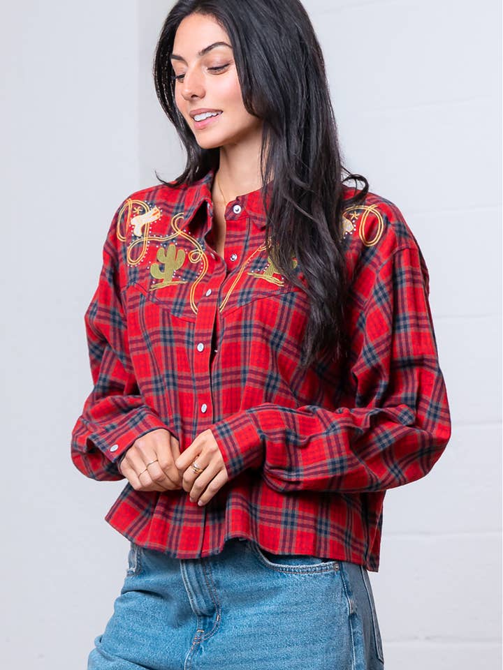 RED MULTI HT28809T-L/S WITH COLLAR WESTERN EMBO PLAID SHIRT for wholesale on Faire3