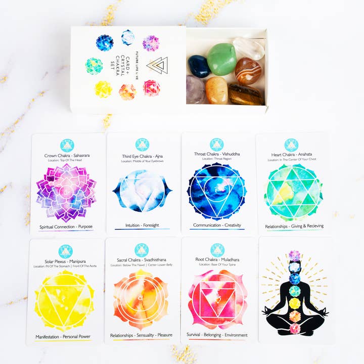 Chakra Card Set With 8 Cards and 7 Crystal Set White Box for wholesale on Faire19