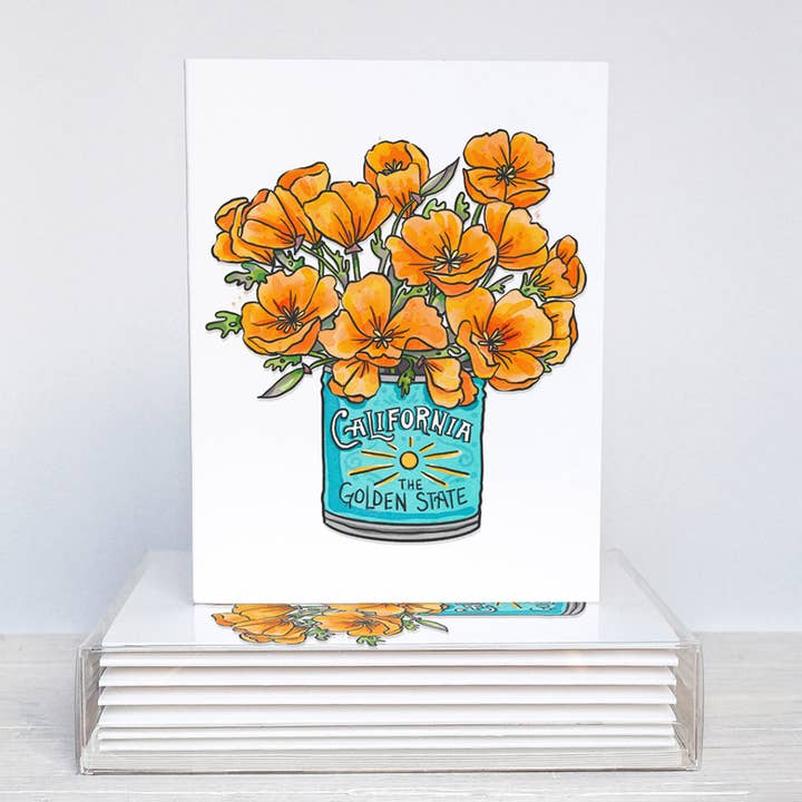 Brenna Daugherty Illustration - Wholesale Everyday Greeting Card - California Poppy Bouquet Card - Boxed Set of 6