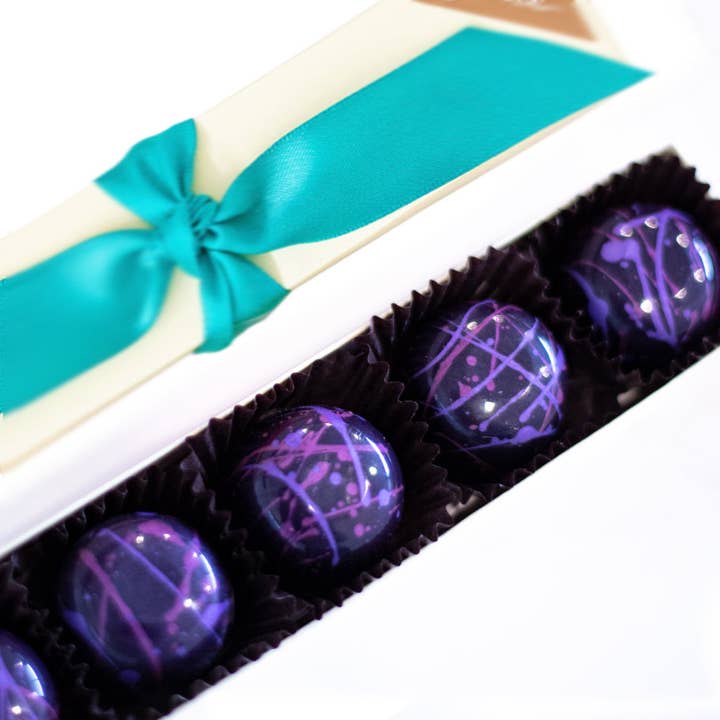 5 piece box of Raspberry Fig Truffles for wholesale by Forte Chocolate