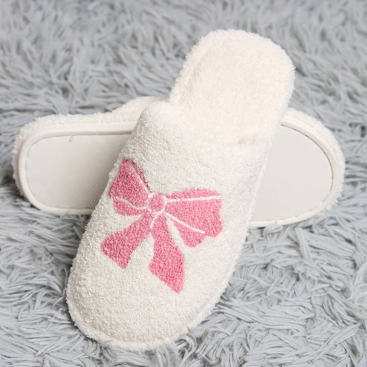 Pink Ribbon Bow Print Luxury Soft Home Slippers for wholesale on Faire