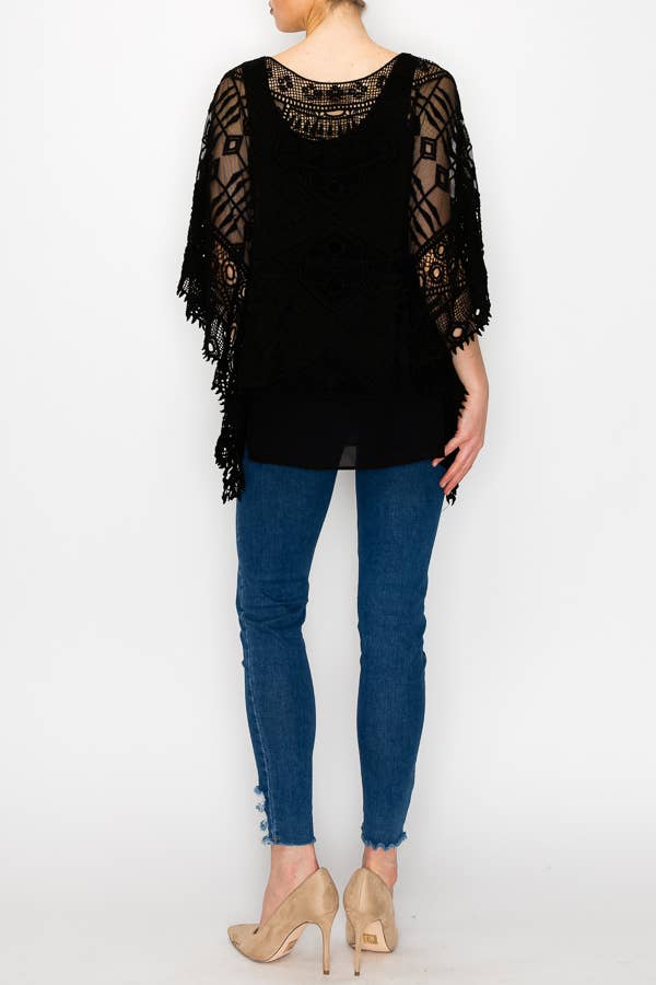 Origami Apparel ~  Lace and Crochet inspired – wholesale Blouse – Women’s – Ornate Crochet Poncho Top With Geometric Embroidered Details -1139 BK3