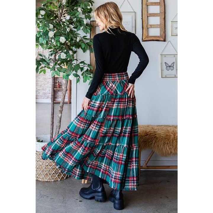 Oli&Hali - Wholesale Skirt - Women's - MINERAL WASHED PLAID TIERED MAXI SKIRT