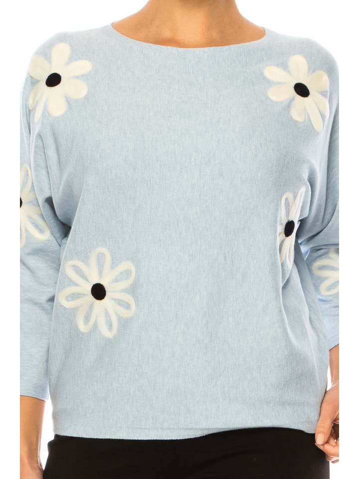 HEATHER SKY EGGSHELL Aaeda Long Sleeve Flower Motif Pullover Sweater for wholesale on Faire3