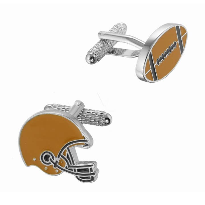 Gemelli da calcio e casco gialli e blu per la vendita all'ingrosso da parte di Cufflinks Depot