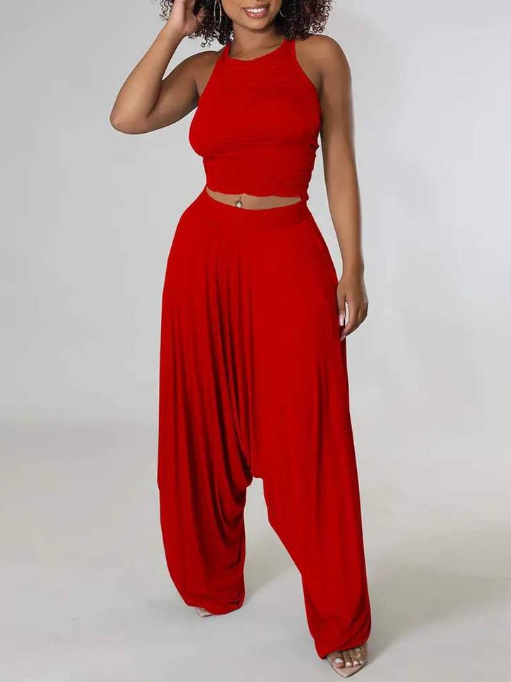 Haremshosen-Set mit Neckholder-Ausschnitt und Rüschenoberteil für den Großhandel von Queen Fashion