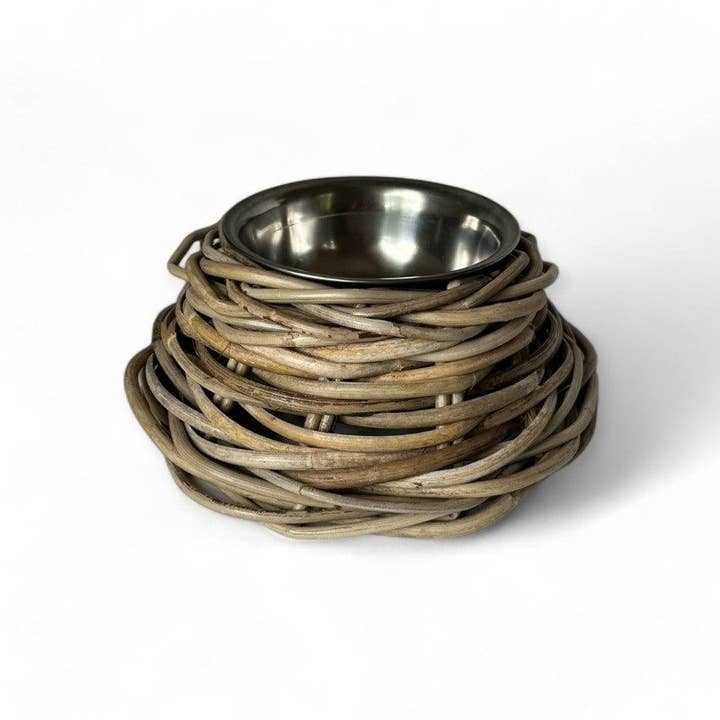 Rattan Pet Bowl with Stainless Steel Bowl for wholesale by Basketly