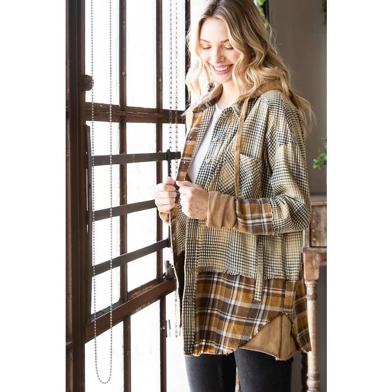 CAMEL COMBO WASHED PLAID MIXED HOODED BUTTON FRONT SHACKET for wholesale on Faire2
