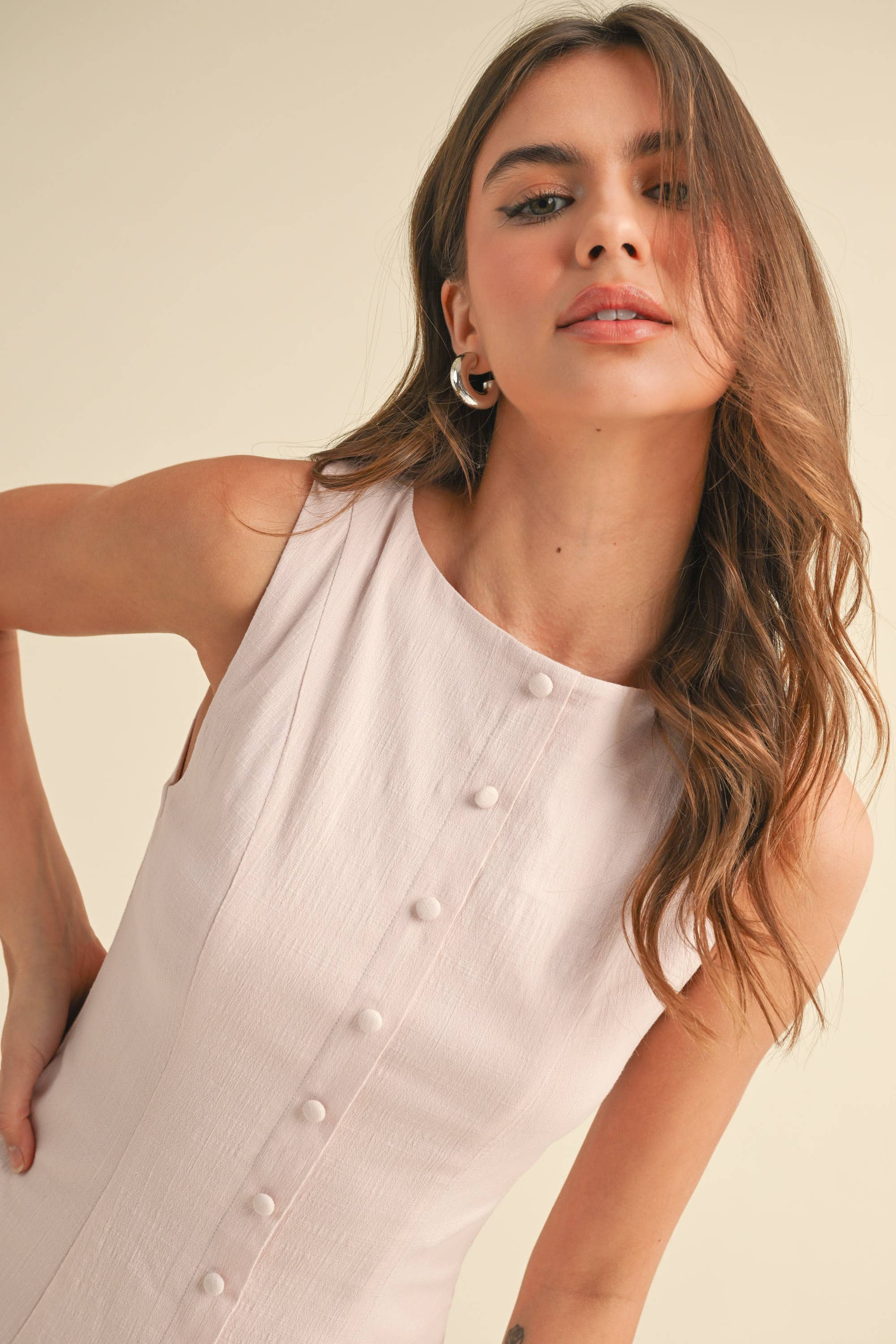 Klesis - Wholesale Dress - Women's - ID9089 STRETCHY LINEN SLEEVELESS DROP WAIST MINI DRESS 1