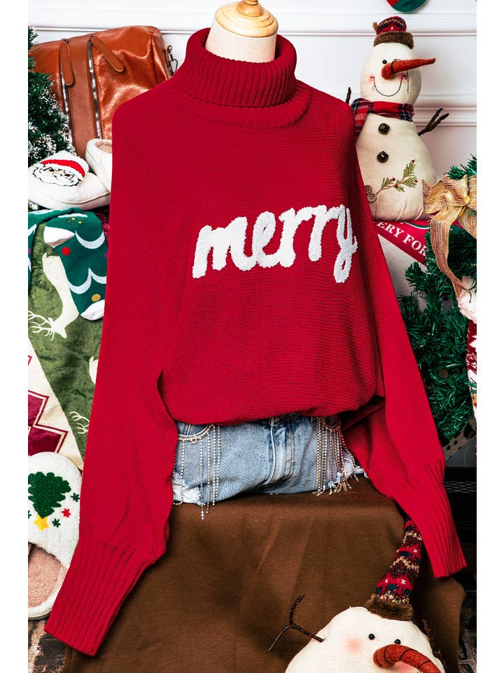 fashionworks - Wholesale Knit Sweater - Women's - Merry Letter Embroidered High Neck Christmas Sweater*S-2XL