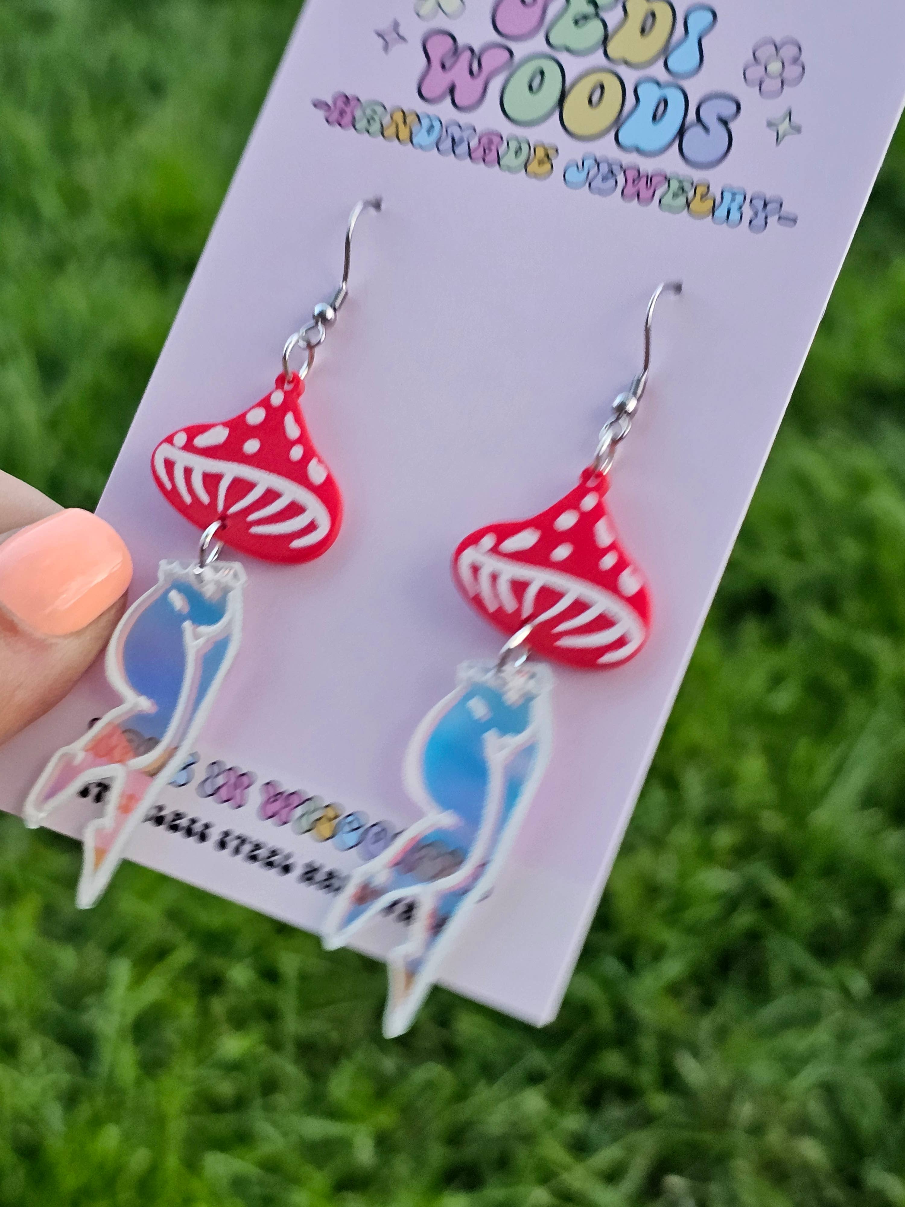 Jedi Woods LLC - Wholesale Dangle Earrings - Mushroom Lady Earrings with Red and Irredescent Acrylic2
