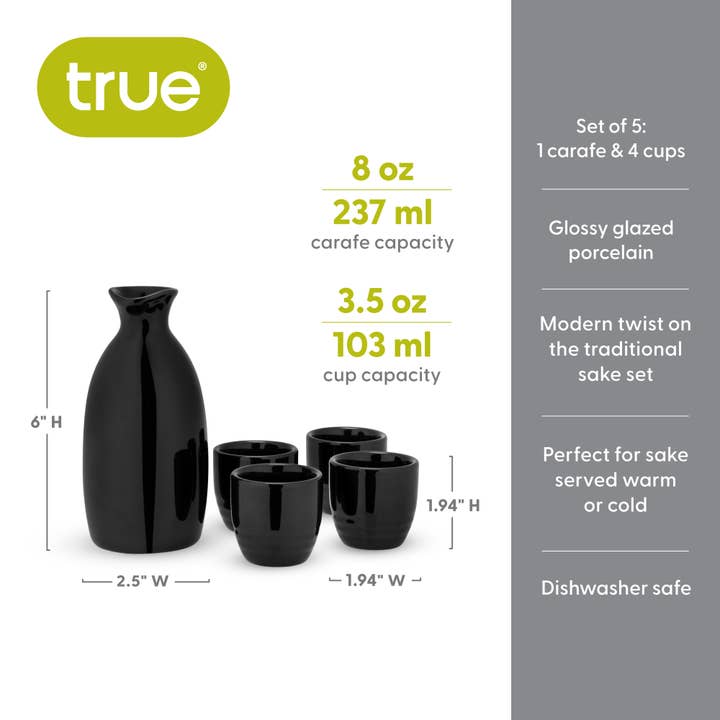 TRUE - Wholesale Drinking Glass/Cup - Moga Black Glazed Porcelain Sake Set - Set of 5