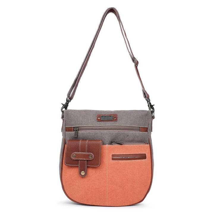 Bandolera de lona y piel para mujer, color gris jasper/taupe para venta al por mayor de Sixtease Bags USA