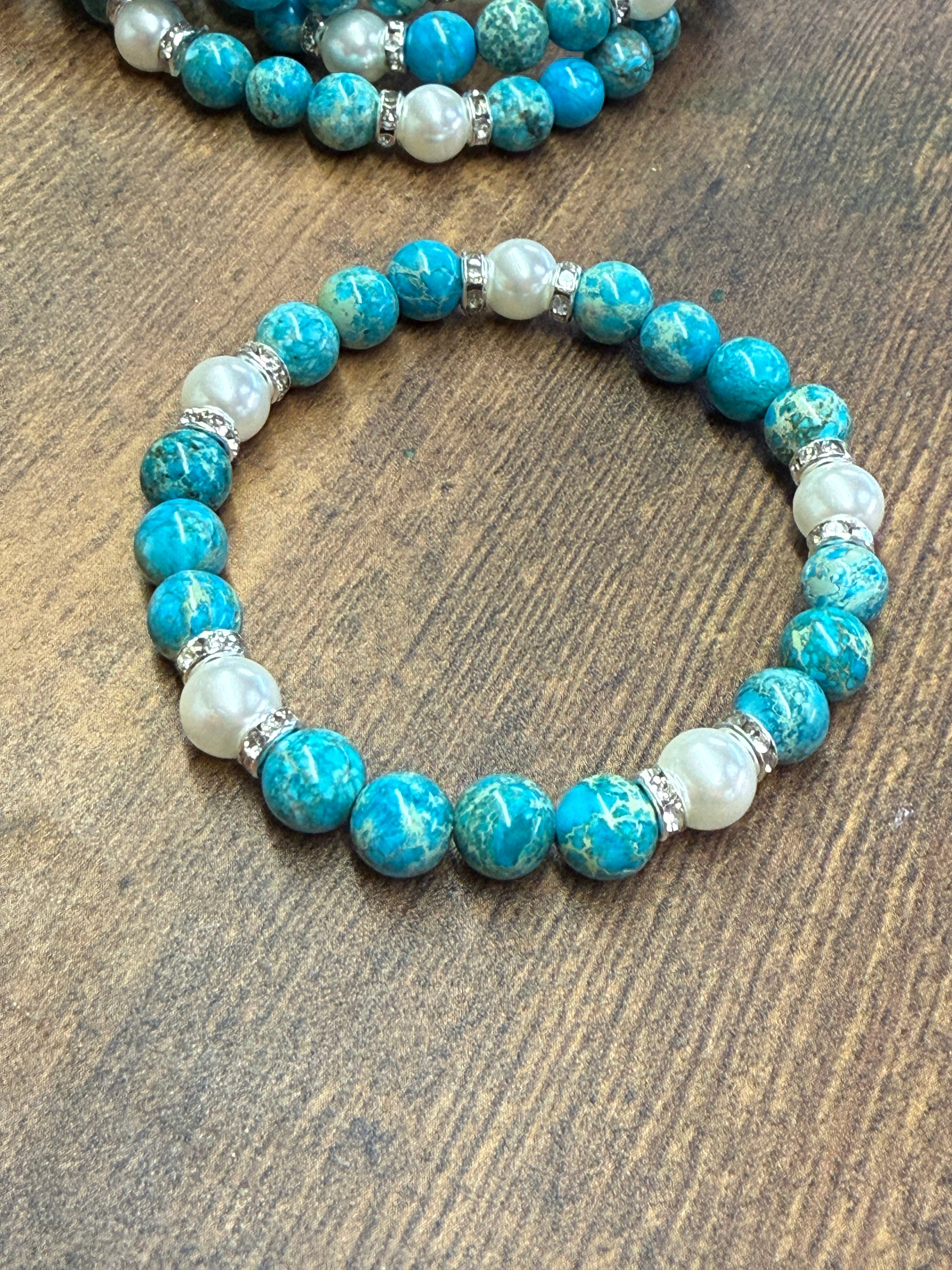 Paco Designs - Wholesale Beaded Bracelet - Blue Imperial Jasper & Pearl Beaded Bracelet