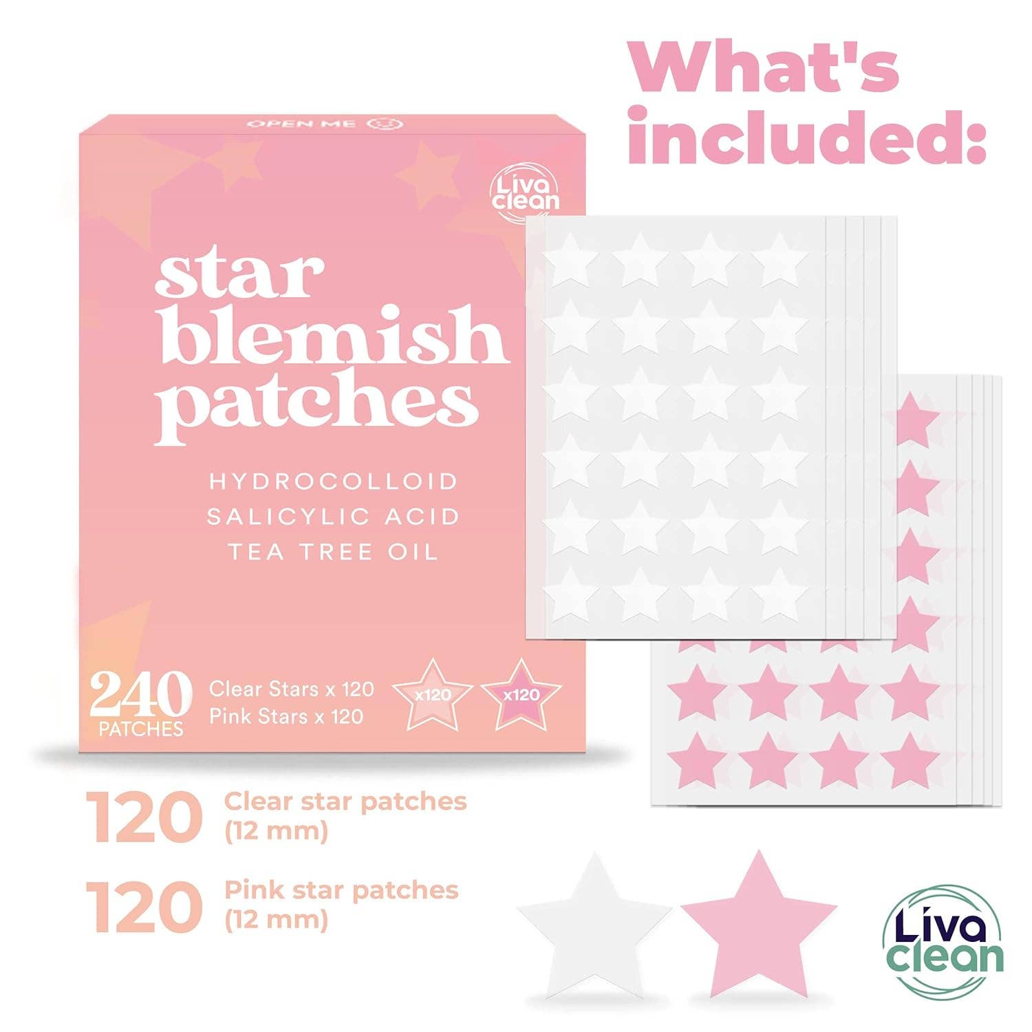 Livaclean - Wholesale Acne/Hydrocolloid Patch - 240 CT Pink & Clear Superstar Pimple Patches Hydrocolloid Patch Spot Treatment with Salicylic Acid & Tea Tree Oil1