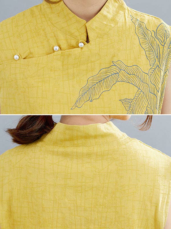 Sheer Trend - Vente Chemisier – femme - T-shirt sans manches à col montant boutonné imprimé de style chinois artistique rétro19