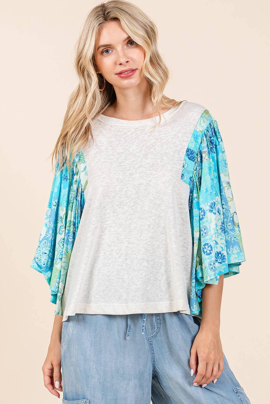 mittoshop - Wholesale Blouse - Women's - FLORAL PATCHWORK PRINT RUFFLE FLUTTER SLEEVE TOP1