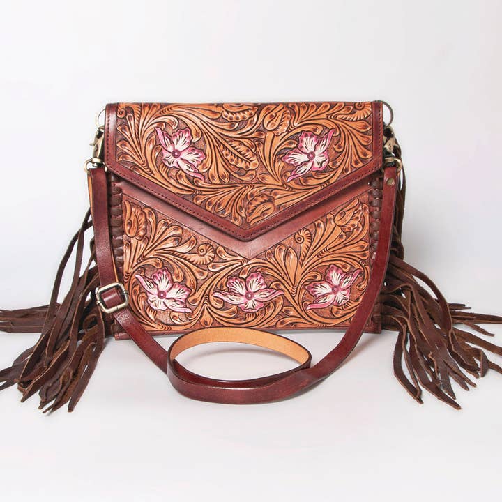 LS Western - Wholesale Crossbody bag – Women's - LC-ADBGF105A Envelope-Style Genuine Leather Western Bag with Fringe & Floral Tooling10