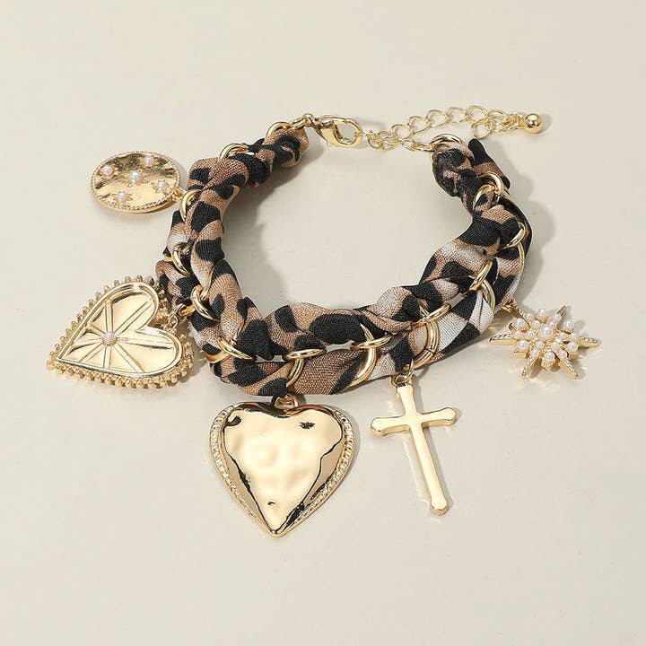 Metal Heart Cross PEarl Paved Starbusrt Medal Charm Station Leopard Printed Fabric Chain Bracelet for wholesale by Sensibling Corp.