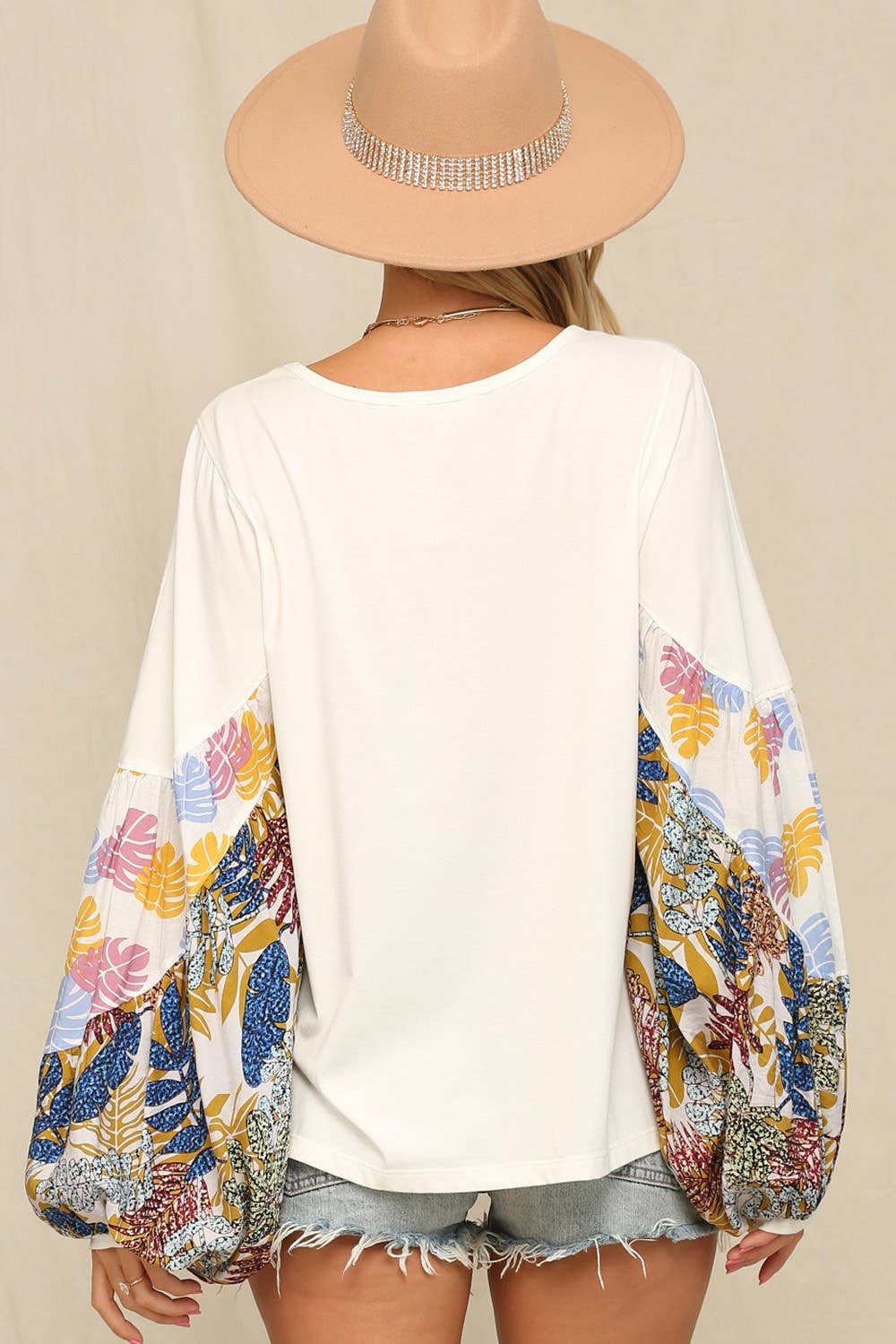 Off White Botanic Color Printed Bishop Sleeves Top for wholesale on Faire6