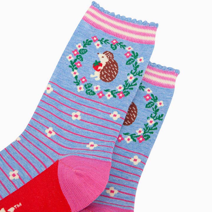 Sock Talk - Wholesale Socks - Women's - Women's Bamboo Socks - Blue, Hedgehog Wreath and Strawberry