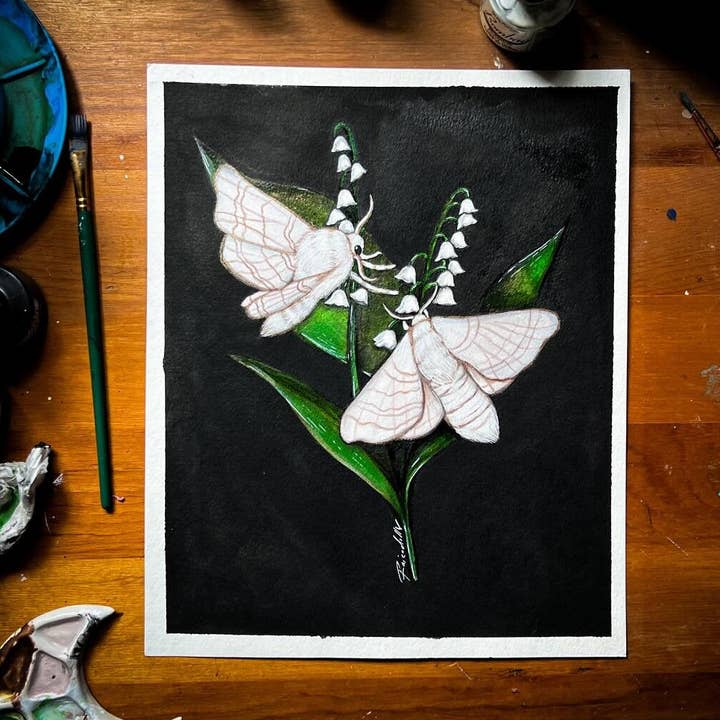 Silk Moths & Lily of the Valley | Art Print for wholesale by Raicodoll