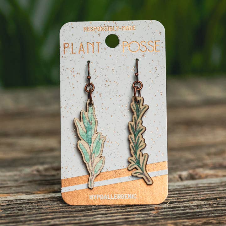 Boucles d'oreilles pendantes sauge et romarin pour la vente par Plant Posse