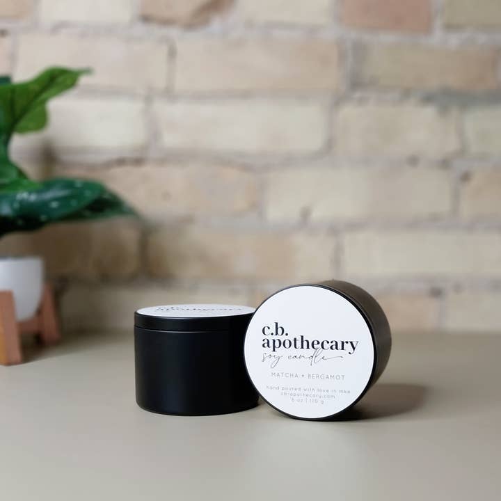 Matcha + Bergamot - 6oz Soy Candle Matte Black Tin for wholesale by C.B. APOTHECARY