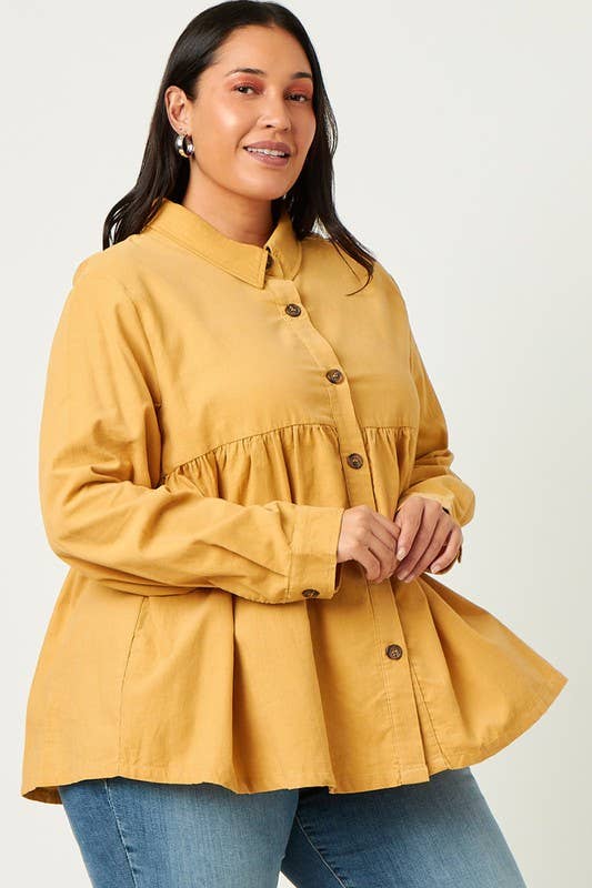 Lemon Tree - Wholesale Button Down Shirt - Women's - Plus Corduroy Button Up Peplum Shirt7