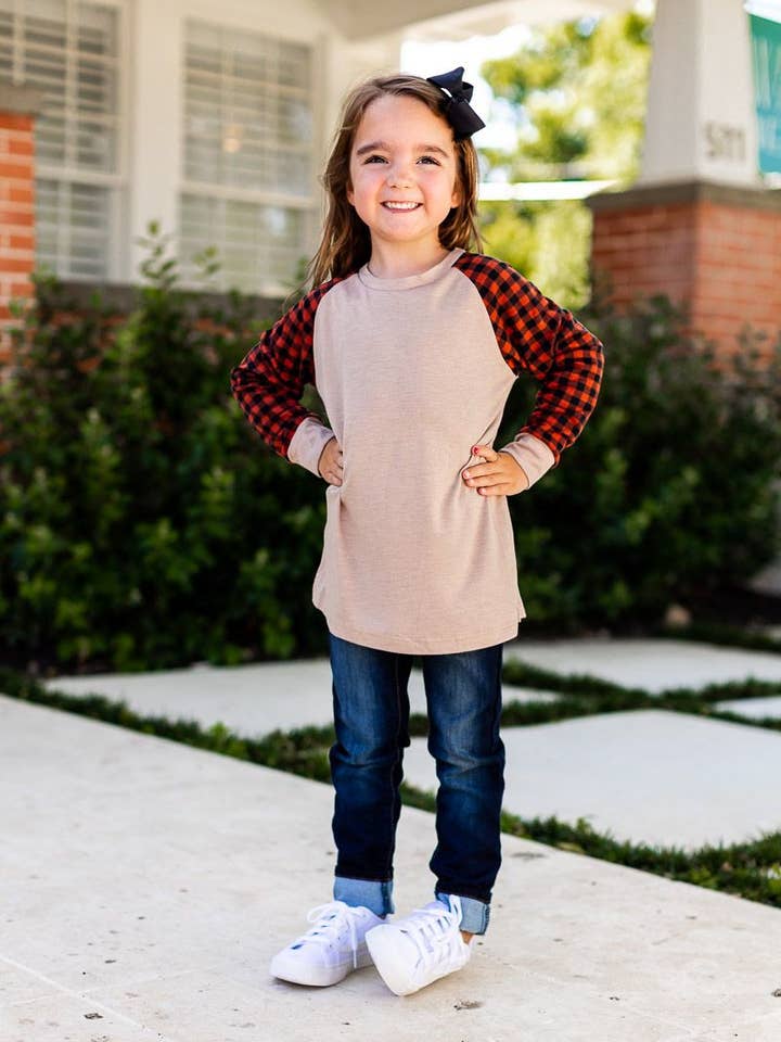 BGE Girls' Tan Longsleeve Tee with Orange Gingham Sleeves for wholesale on Faire