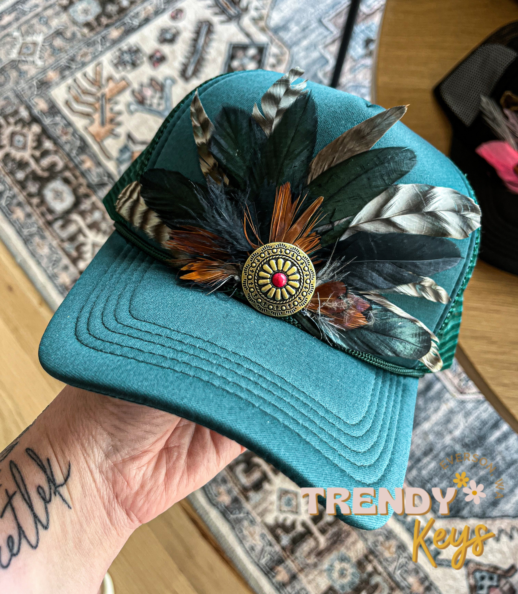 TrendyKeys – wholesale Trucker hat – Women’s – Feather Trucker Hat, Handmade, Unique, One of a Kind2
