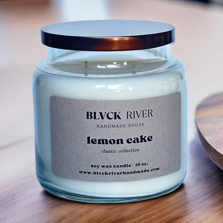 Lemon Cake 16 oz Soy Candle - Clear Apothecary Jar for wholesale by Black River Handmade Goods
