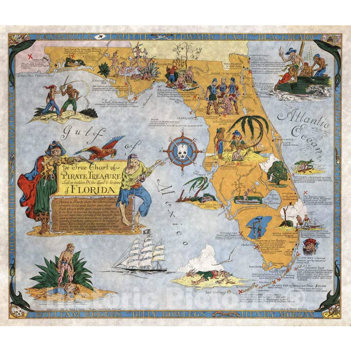 Mapa Histórico do Tesouro Pirata da Flórida, 1950 por atacado de Historic Pictoric