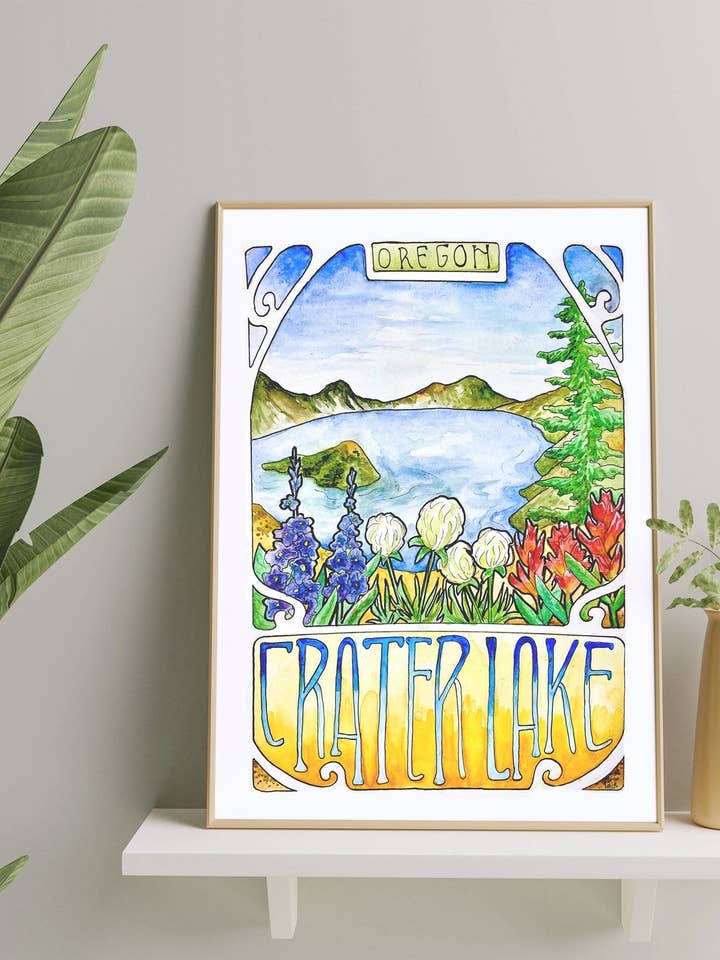 Nationaal park Crater Lake, Art Nouveau, aquarelprint voor wholesale door The Abstract By Sasha