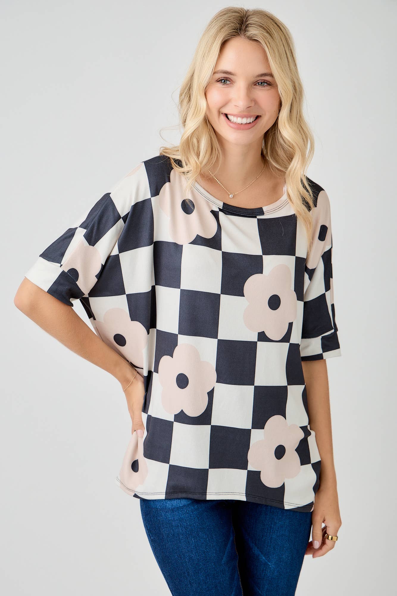 Celeste Clothing - Wholesale Tunic - Women's - WOMEN'S PLUS SIZE CHECKERED FLORAL TOP WITH HIGH-LOW HEM  
13