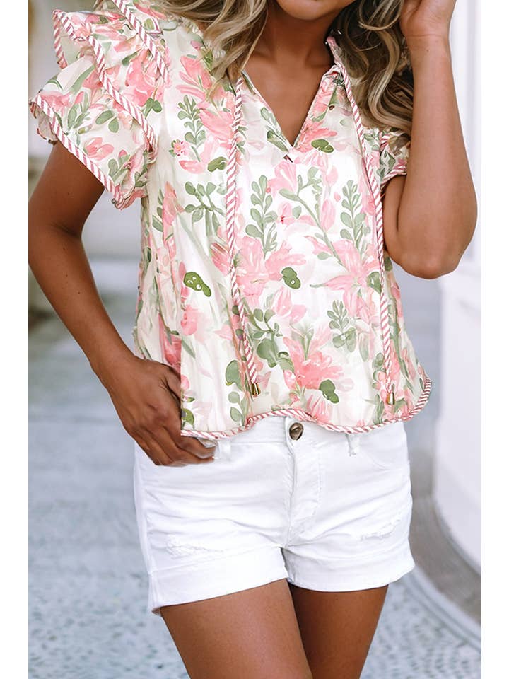 Pink LDC Striped Contrast Tiered Ruffled Sleeve V Neck Blouse for wholesale on Faire