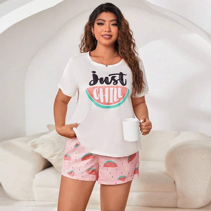 Basis Fancy - Wholesale Sleepwear Set - Women's - Women Fashion Casual Plus Size Printed T-Shirt Loose Shorts Pajamas Two-Piece Set2