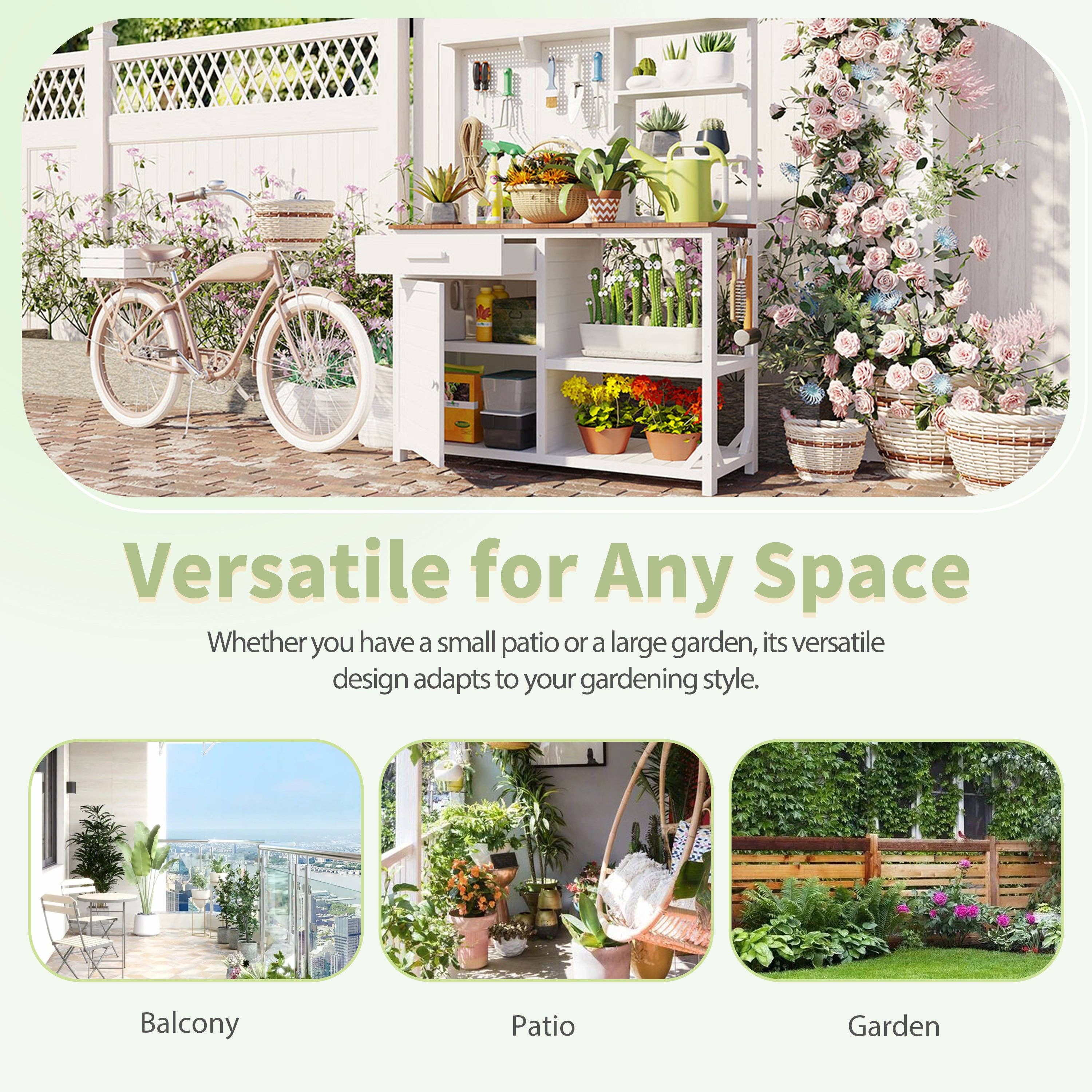 39F Inc. - Vente Bibelots/décorations d'extérieur - Banc de rempotage en bois de sapin blanc avec crédence, poste de travail de jardin4