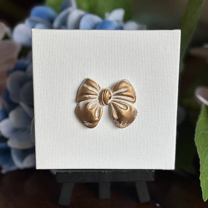 Hand Brushed Gold Leaf Bow on Canvas with Easel for wholesale by Rouge 225