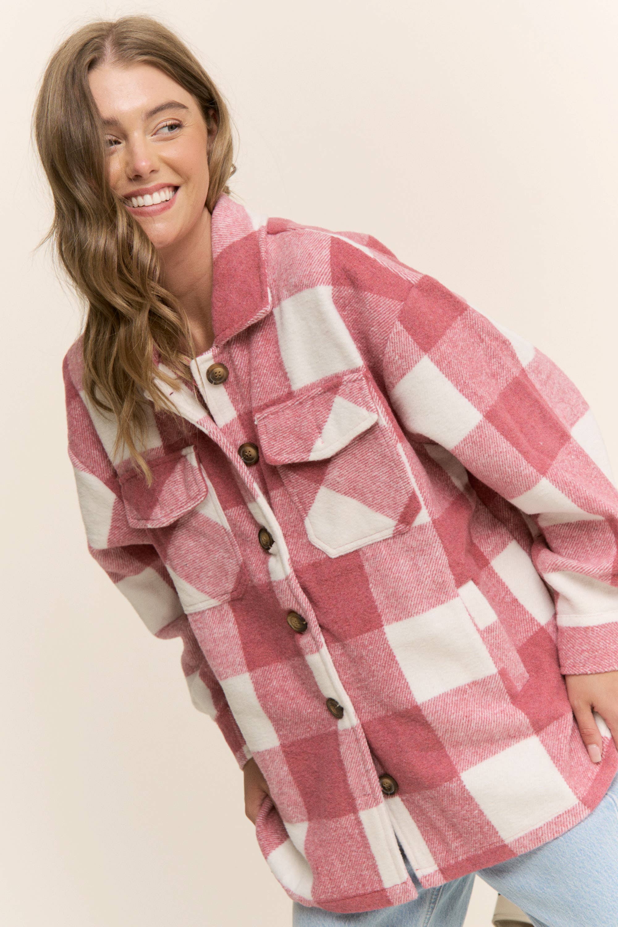 Sweet Generis - Wholesale Shirt Jacket/Shacket - Women's - FUZZY PLAID BUTTON DOWN FLANNEL SHIRT JACKET50
