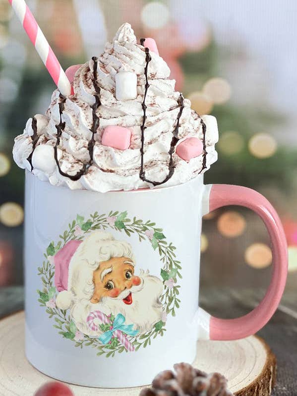 Santa Wreath Pink Hat Christmas Coffee Mug Holiday Cup for wholesale by Cali Boutique Wholesale