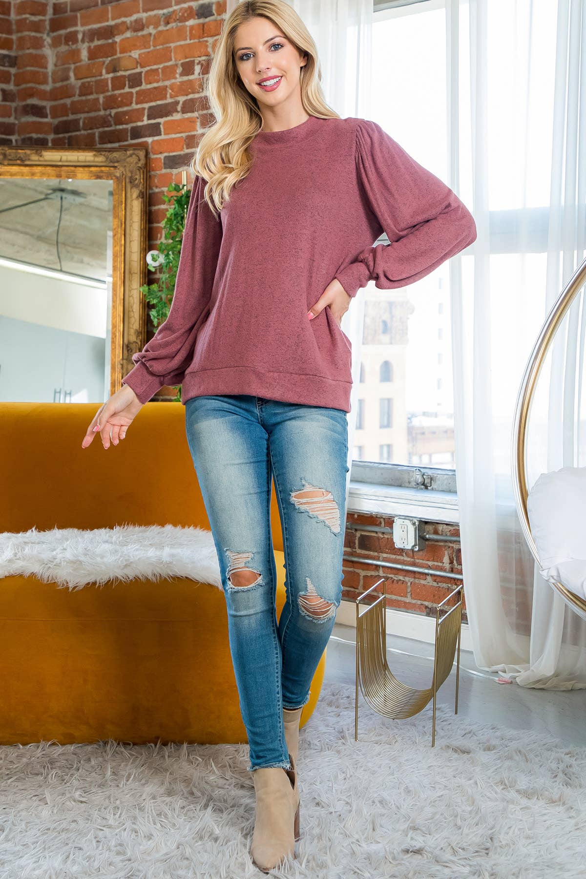 You & Me - Vente Haut en maille – femme - VENTE ! ! ! PPT21143 - HAUT À MANCHES BOUFFANTES À COL ROND - ANTHRACITE11